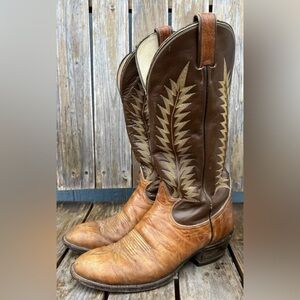 VTG Tony Llama Two Tone Mens Boots Size 9.5D Tan Brown Leather Cowhide